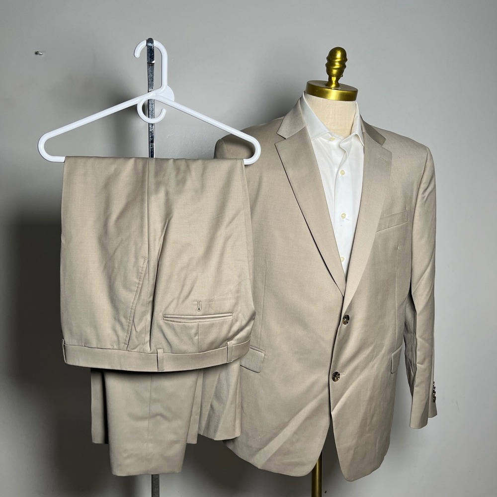 Tommy Hilfiger Suit Mens 44R 39W Tan Solid Notch Lapel Two-Button Modern